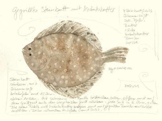 Nr.161 Gegrillter Steinbutt mit Kräuterbutter - Aquarell 2016