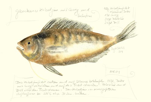 Nr.69 Gebackener Kabeljau mit Curry und Kräutern - Aquarell 2014